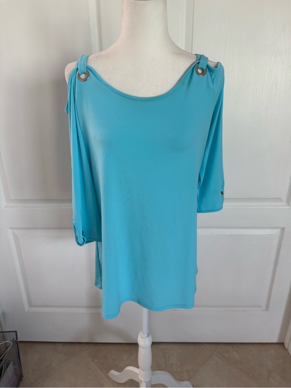 JM Collection Aqua Blue Cold-Shoulder Tunic with Grommet Straps